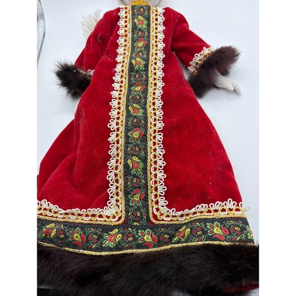 Vintage Russian Porcelain Doll Red Velvet Folk Costume Fur Embroidered Dress 16" - Picture 5 of 10